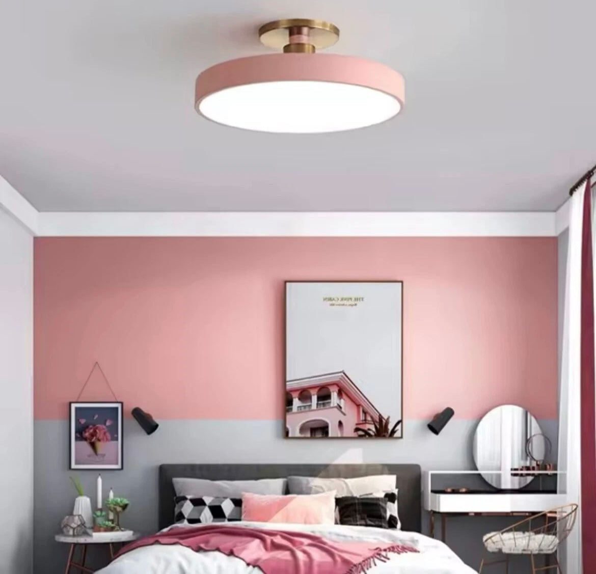 Nordic Semi Flush Round LED Ceiling Light Colourful Black - Choose Black Blue Yellow Pink White Grey