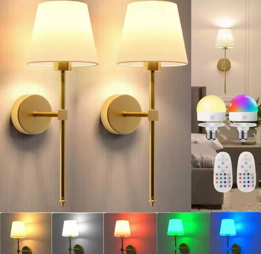 Wireless Rechargeable Long Wall Light Sconce With White Shade RGBW Colour Change With Remote Control - 2 Pack