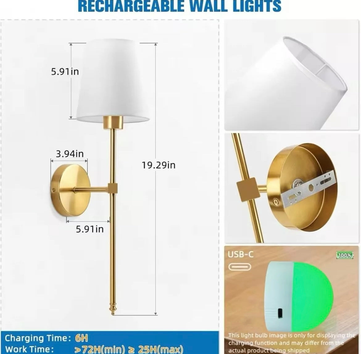 Wireless Rechargeable Long Wall Light Sconce With White Shade RGBW Colour Change With Remote Control - 2 Pack