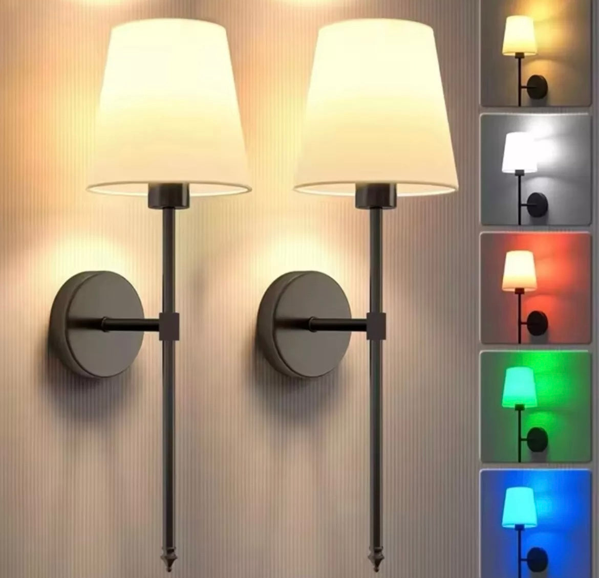 Wireless Rechargeable Long Wall Light Sconce With White Shade RGBW Colour Change With Remote Control - 2 Pack