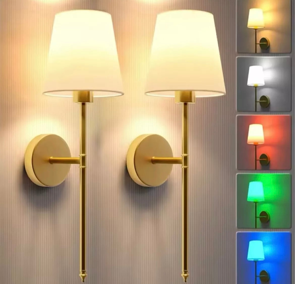 Wireless Rechargeable Long Wall Light Sconce With White Shade RGBW Colour Change With Remote Control - 2 Pack
