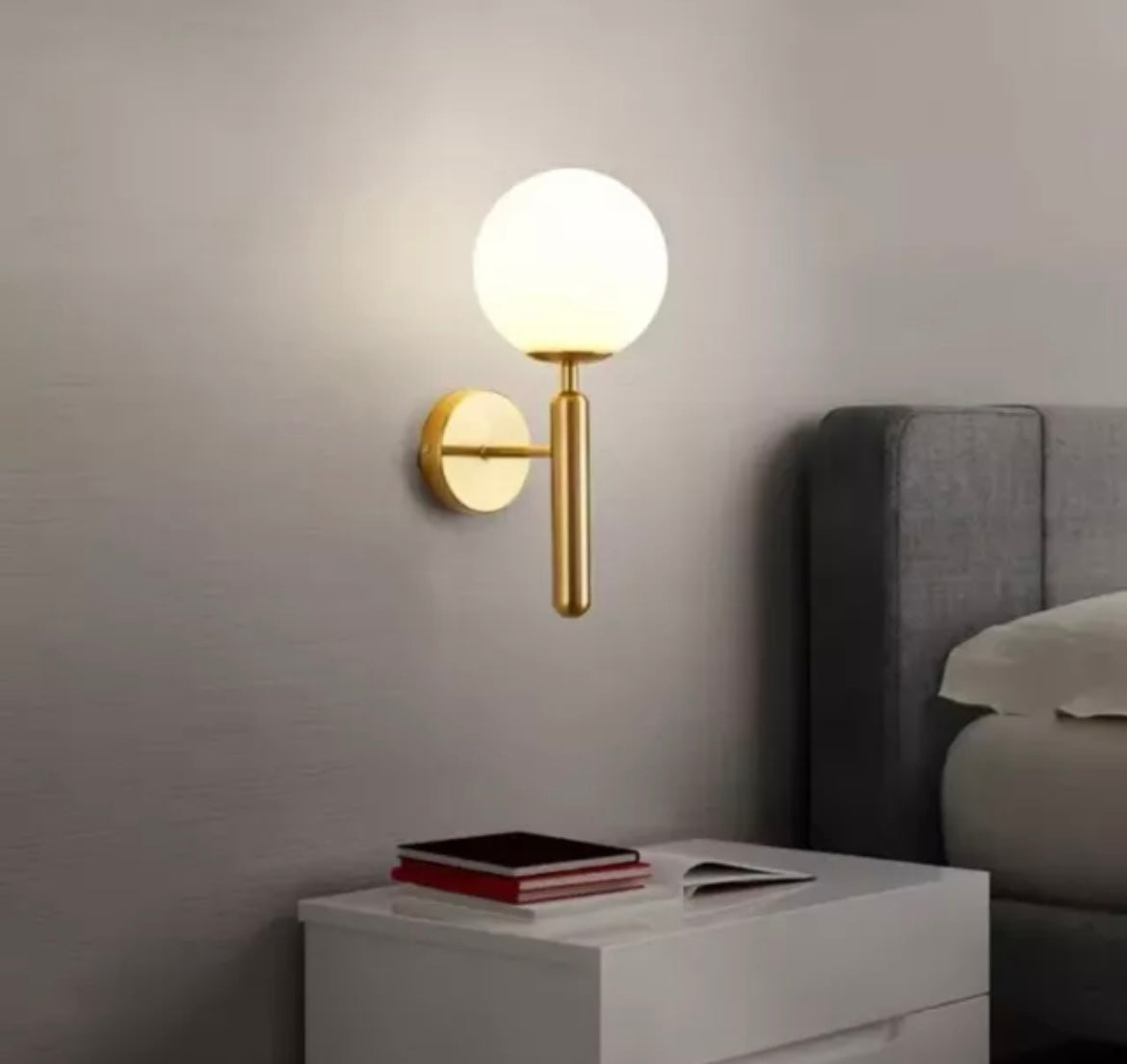 Decorative Simplistic Gold Wall Light With Opal Globe Shade With Warm White LED Bulb