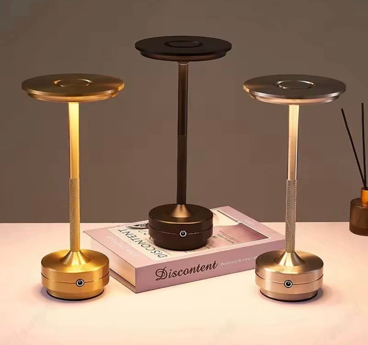 Wireless USB Rechargeable Touch Table Lamp Portable Knurled Gold, Black, Silver