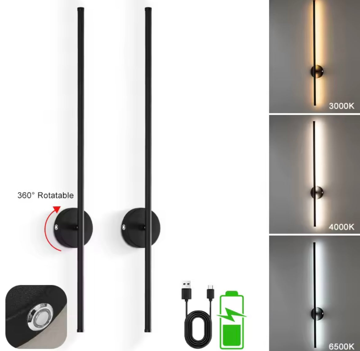 Wireless LED Wall Light Sconce USB Rechargeable Touch On/Off Black Modern Slim Stick Lamp - 40cm / 55cm