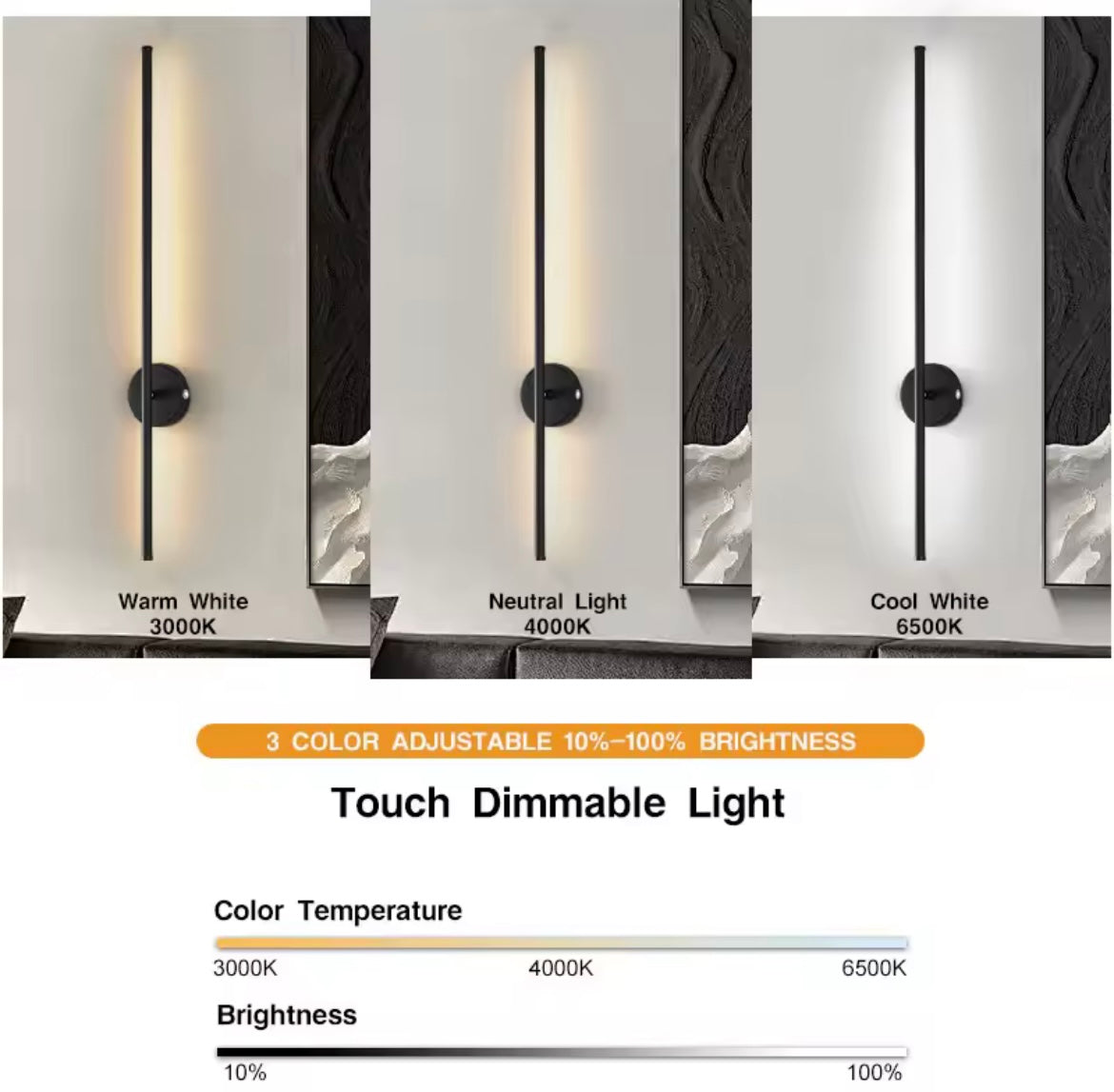 Wireless LED Wall Light Sconce USB Rechargeable Touch On/Off Black Modern Slim Stick Lamp - 40cm / 55cm