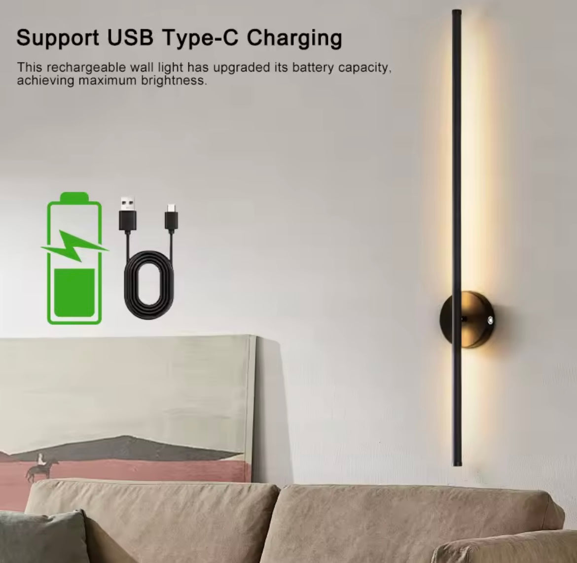 Wireless LED Wall Light Sconce USB Rechargeable Touch On/Off Black Modern Slim Stick Lamp - 40cm / 55cm