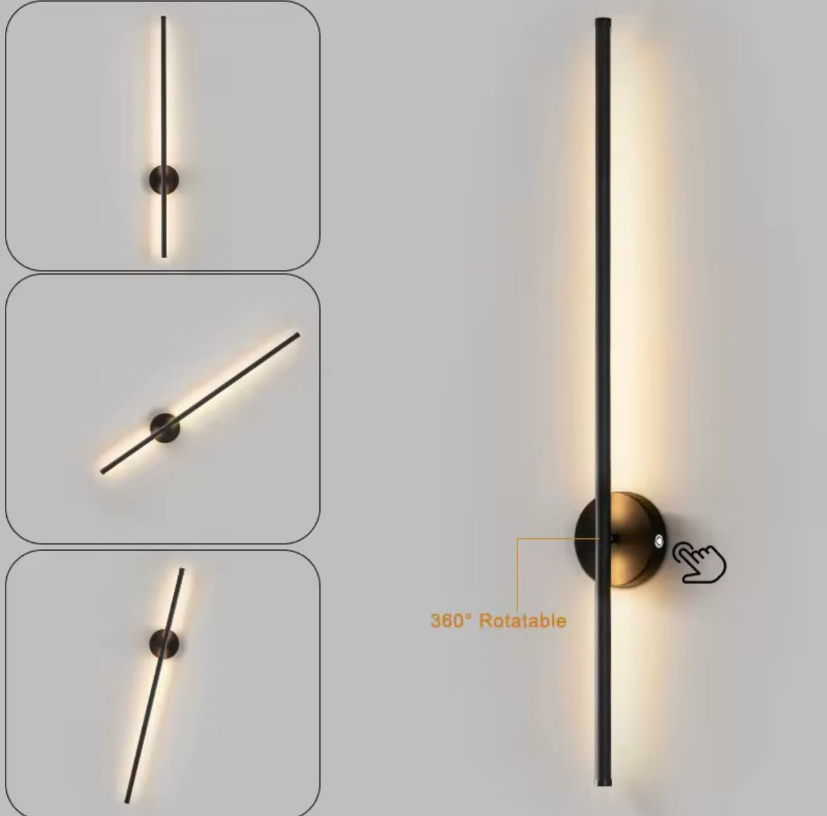 Wireless LED Wall Light Sconce USB Rechargeable Touch On/Off Black Modern Slim Stick Lamp - 40cm / 55cm