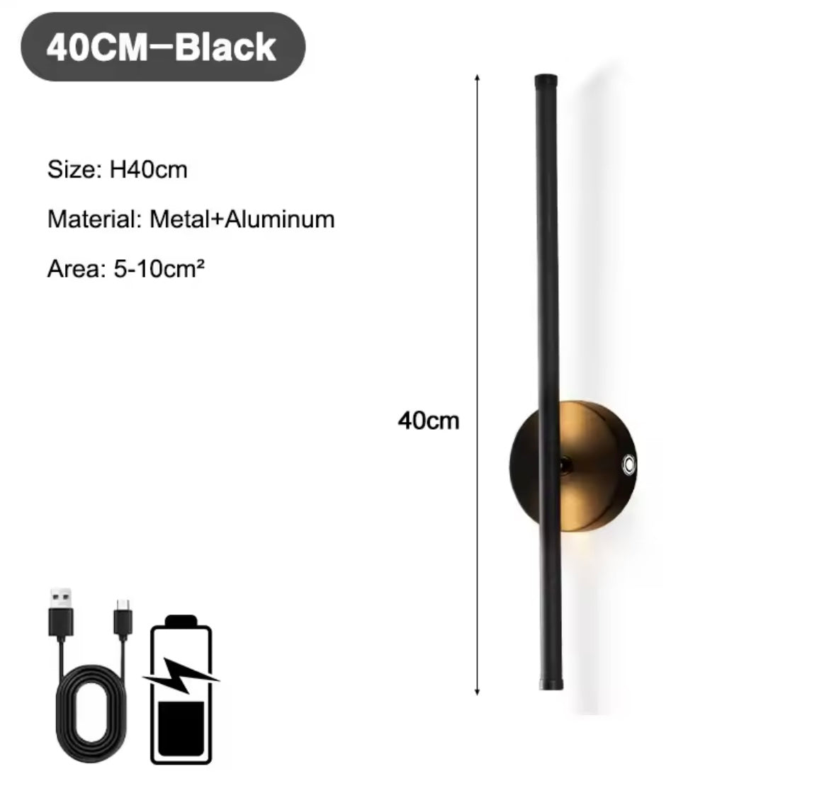 Wireless LED Wall Light Sconce USB Rechargeable Touch On/Off Black Modern Slim Stick Lamp - 40cm / 55cm