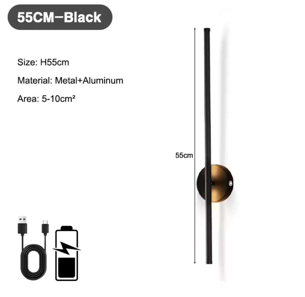 Wireless LED Wall Light Sconce USB Rechargeable Touch On/Off Black Modern Slim Stick Lamp - 40cm / 55cm