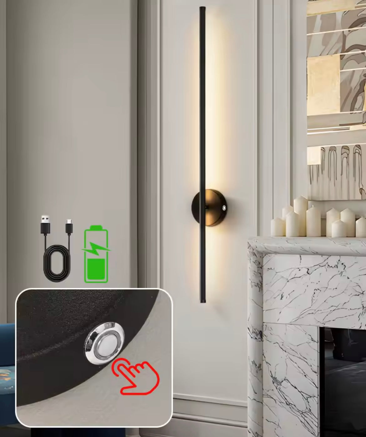 Wireless LED Wall Light Sconce USB Rechargeable Touch On/Off Black Modern Slim Stick Lamp - 40cm / 55cm