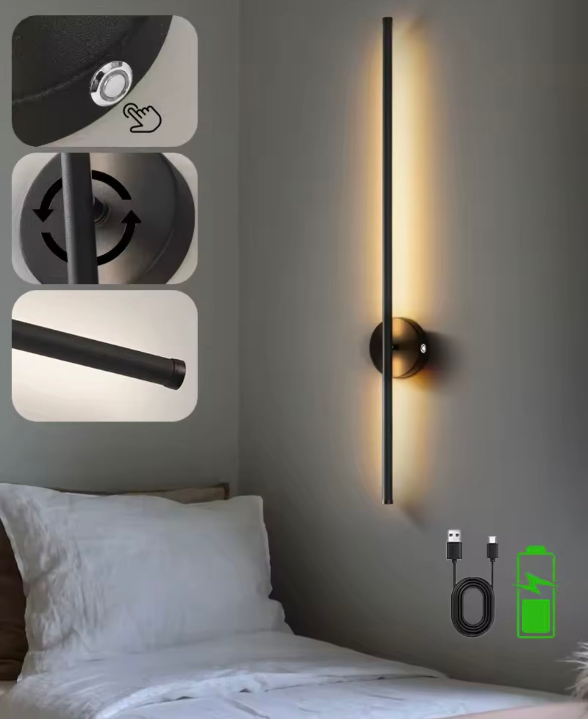 Wireless LED Wall Light Sconce USB Rechargeable Touch On/Off Black Modern Slim Stick Lamp - 40cm / 55cm