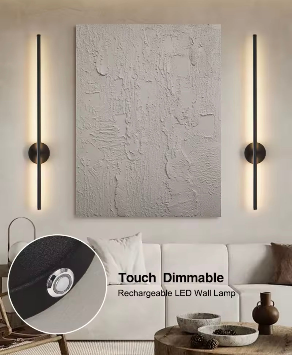 Wireless LED Wall Light Sconce USB Rechargeable Touch On/Off Black Modern Slim Stick Lamp - 40cm / 55cm