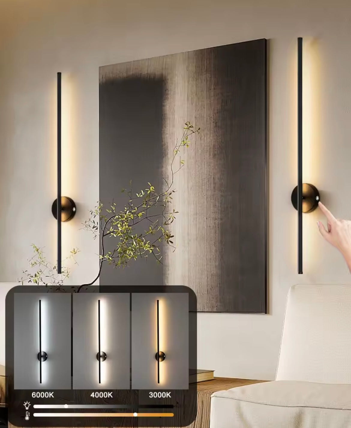 Wireless LED Wall Light Sconce USB Rechargeable Touch On/Off Black Modern Slim Stick Lamp - 40cm / 55cm