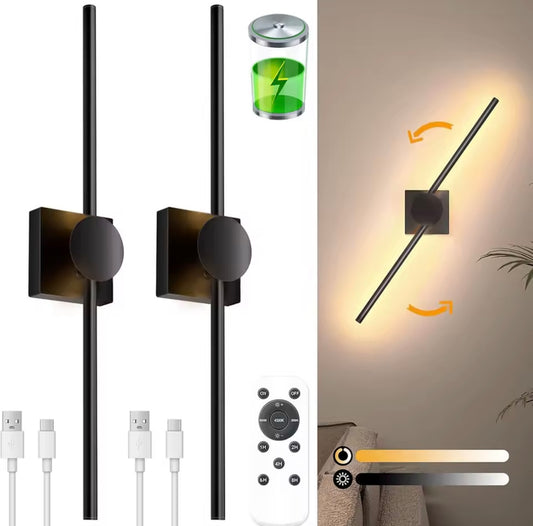2 Pack Modern Black Rechargeable LED 3 Colour Dimmable Wall Light Sconce With Remote Control