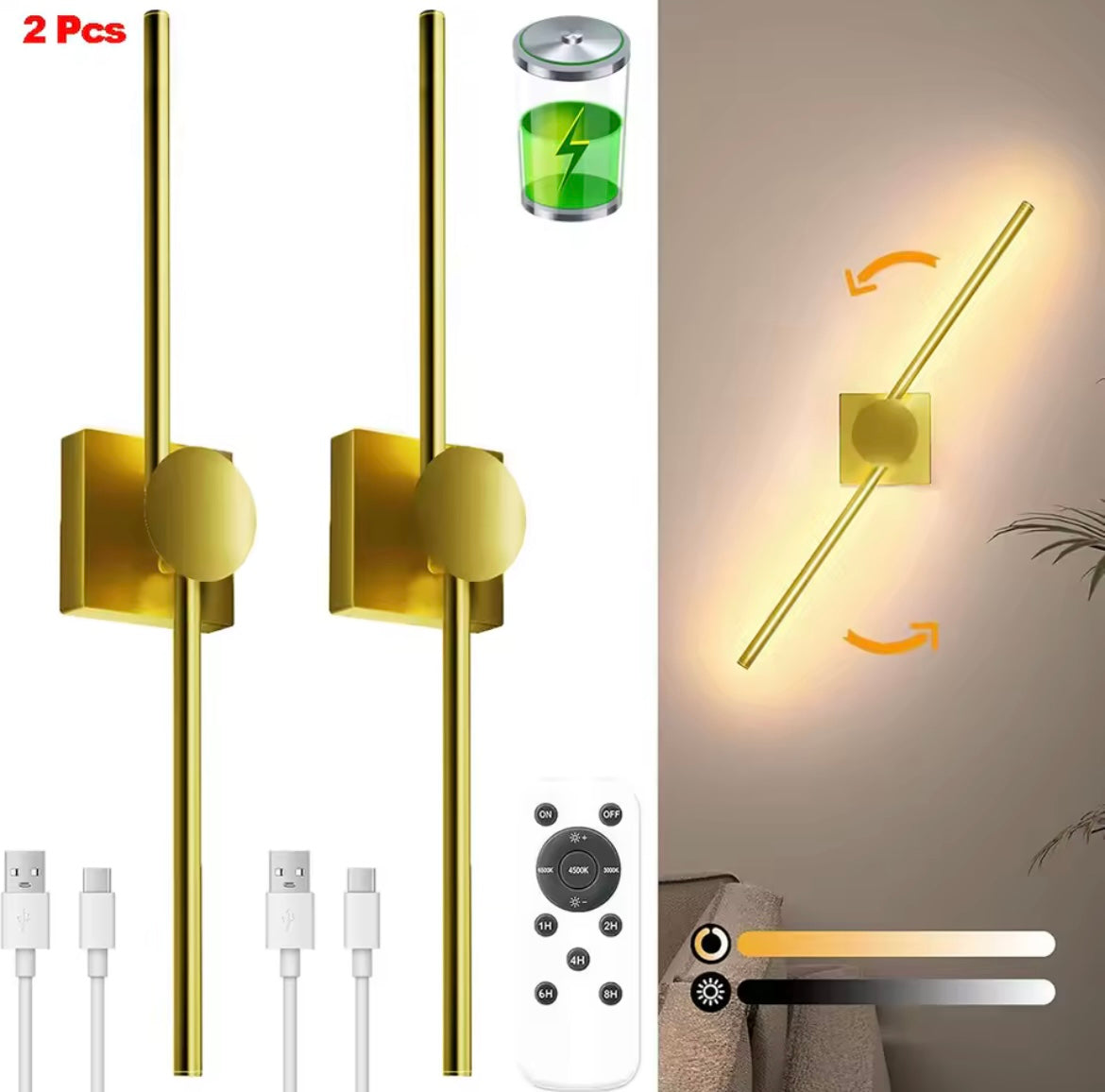 2 Pack Modern Black Rechargeable LED 3 Colour Dimmable Wall Light Sconce With Remote Control