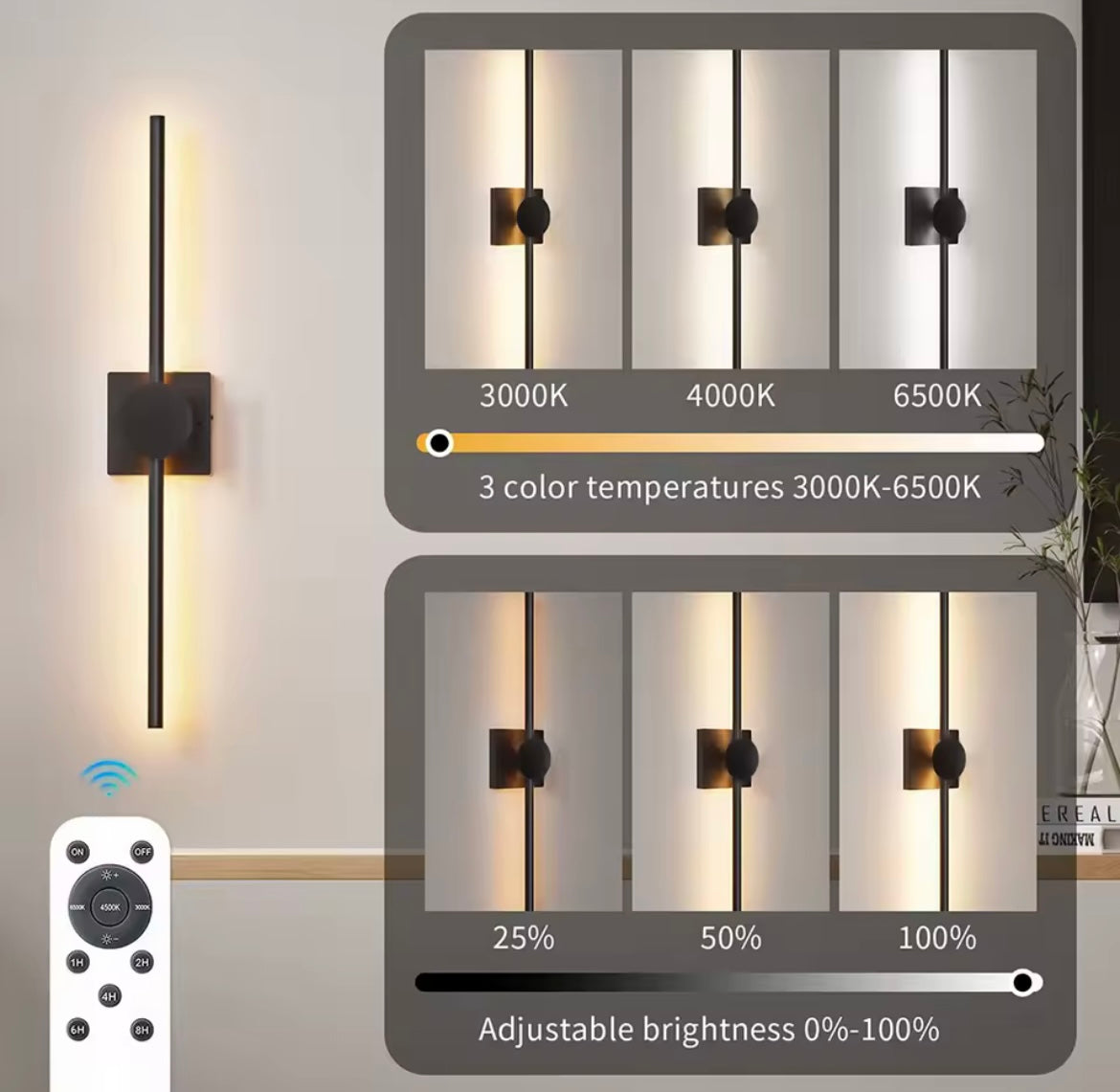 2 Pack Modern Black Rechargeable LED 3 Colour Dimmable Wall Light Sconce With Remote Control
