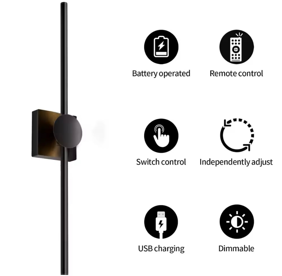 2 Pack Modern Black Rechargeable LED 3 Colour Dimmable Wall Light Sconce With Remote Control