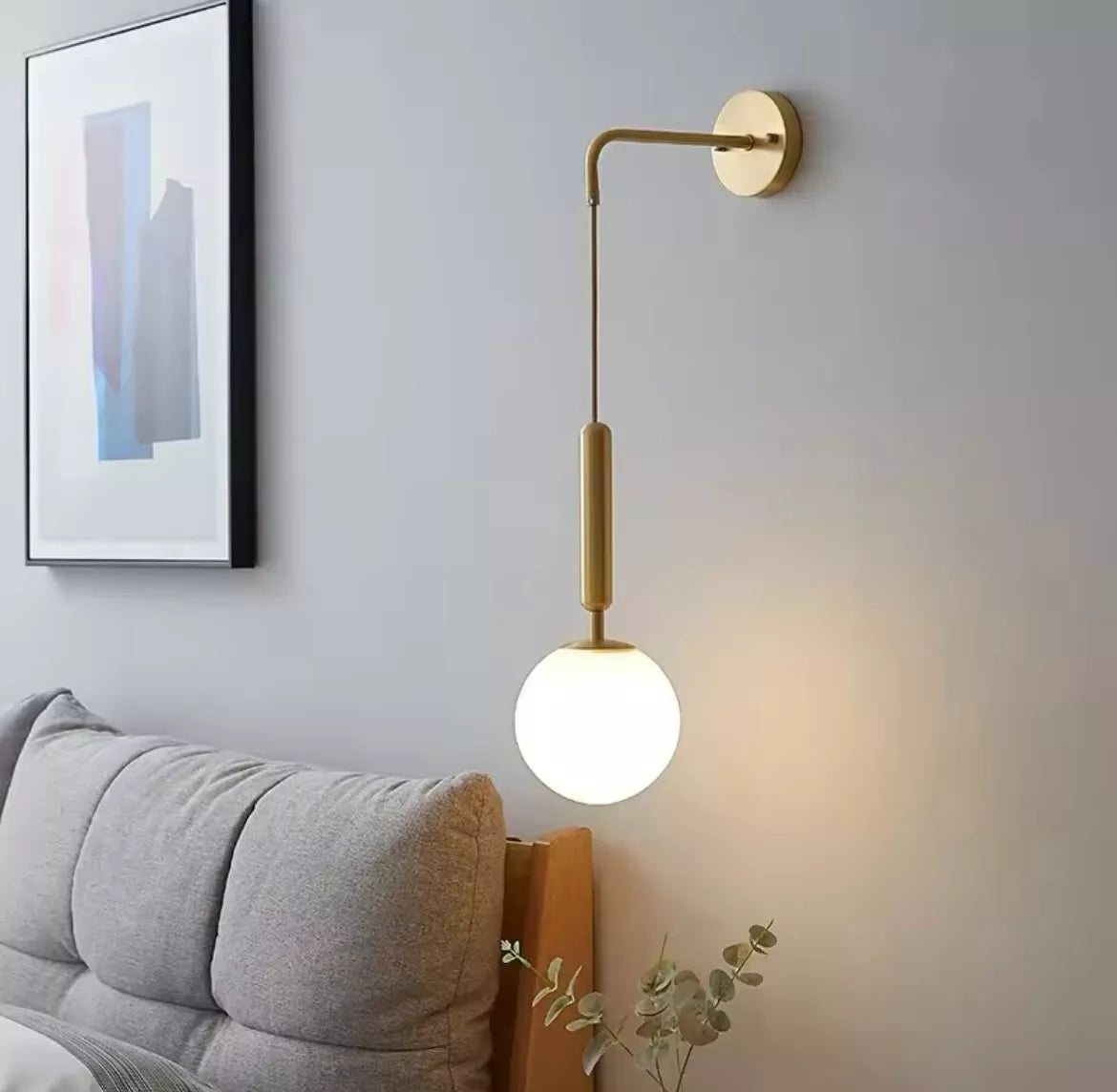 Decorative Hanging Gold Wall Light With Opal Globe Shade