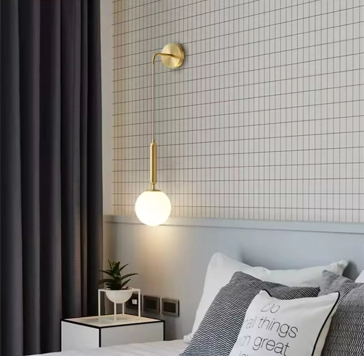Decorative Hanging Gold Wall Light With Opal Globe Shade
