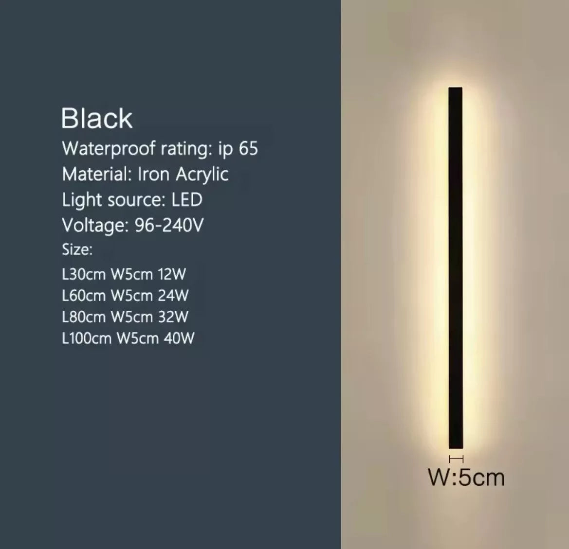 Black LED Linear Stick Exterior Wall Light - IP65