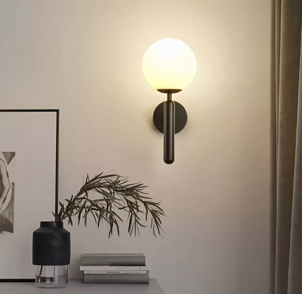 Decorative Simplistic Black Contemporary Wall Light With Opal Globe Shade