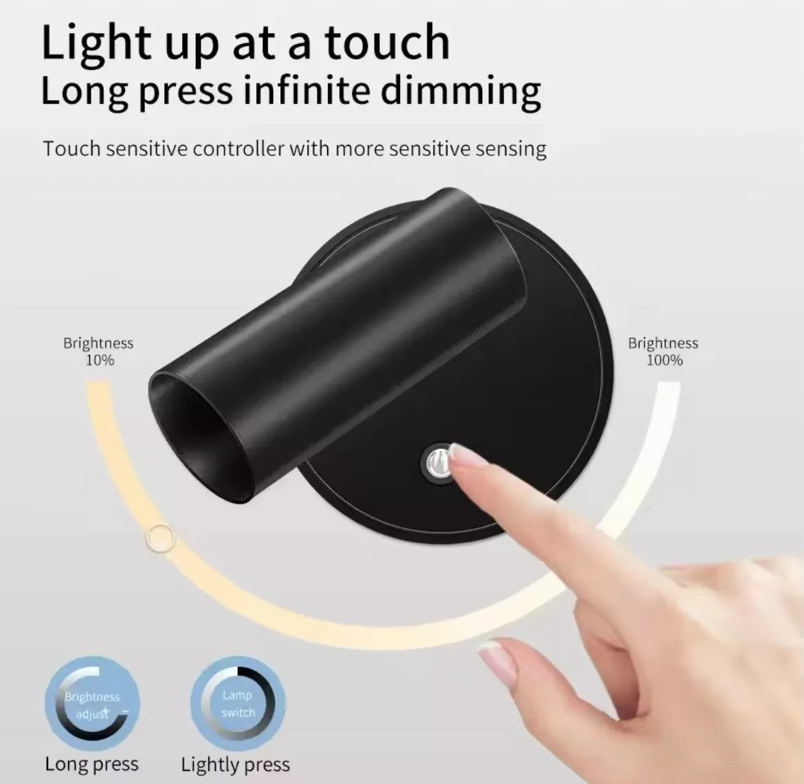 Wireless Rechargeable Led Touch Adjustable Bedside Wall Light - Black/White/Gold