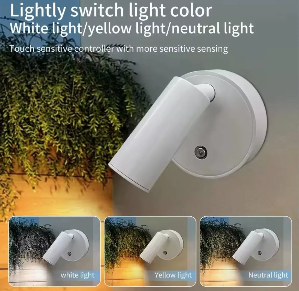 Wireless Rechargeable Led Touch Adjustable Bedside Wall Light - Black/White/Gold