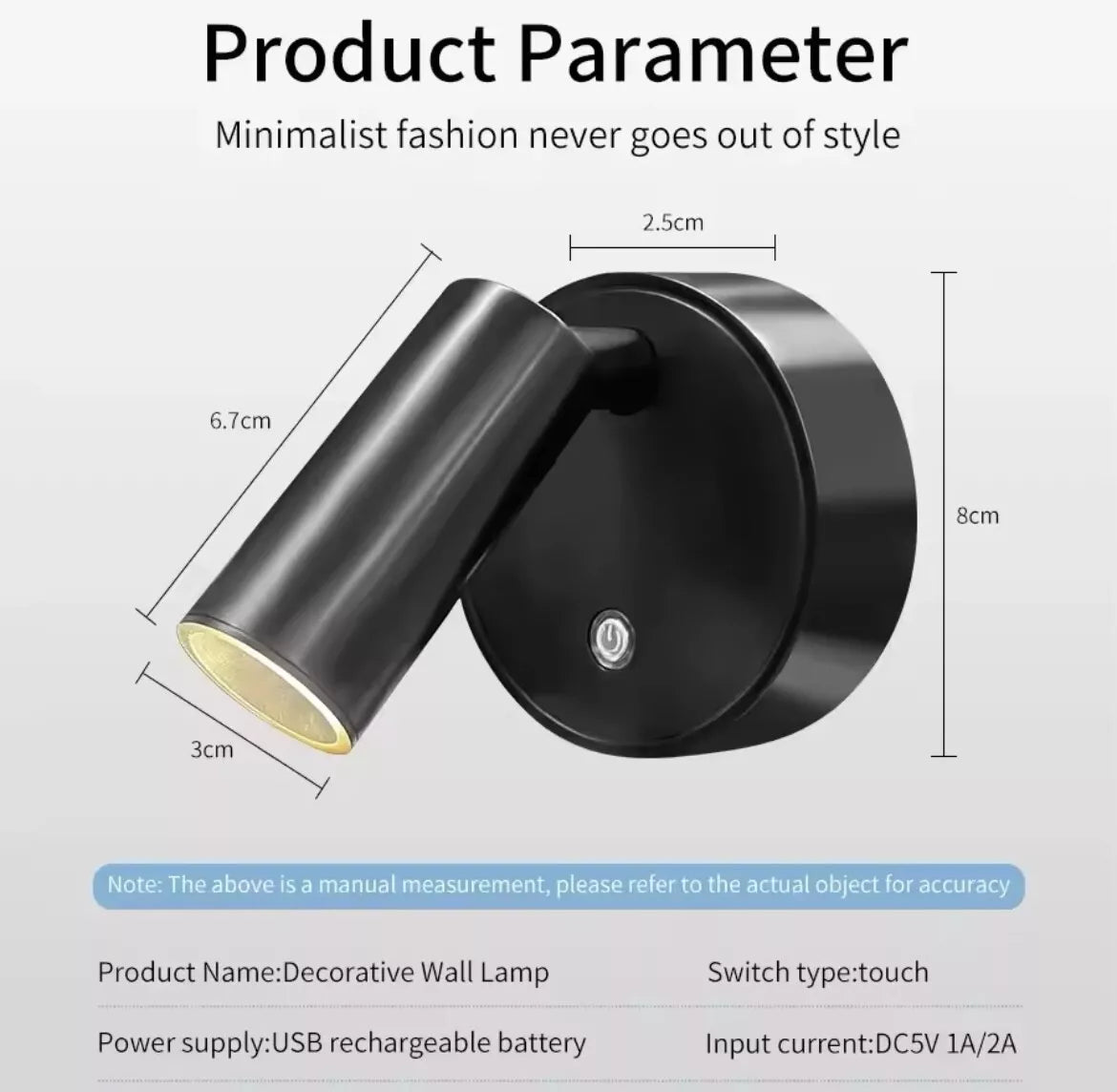 Wireless Rechargeable Led Touch Adjustable Bedside Wall Light - Black/White/Gold