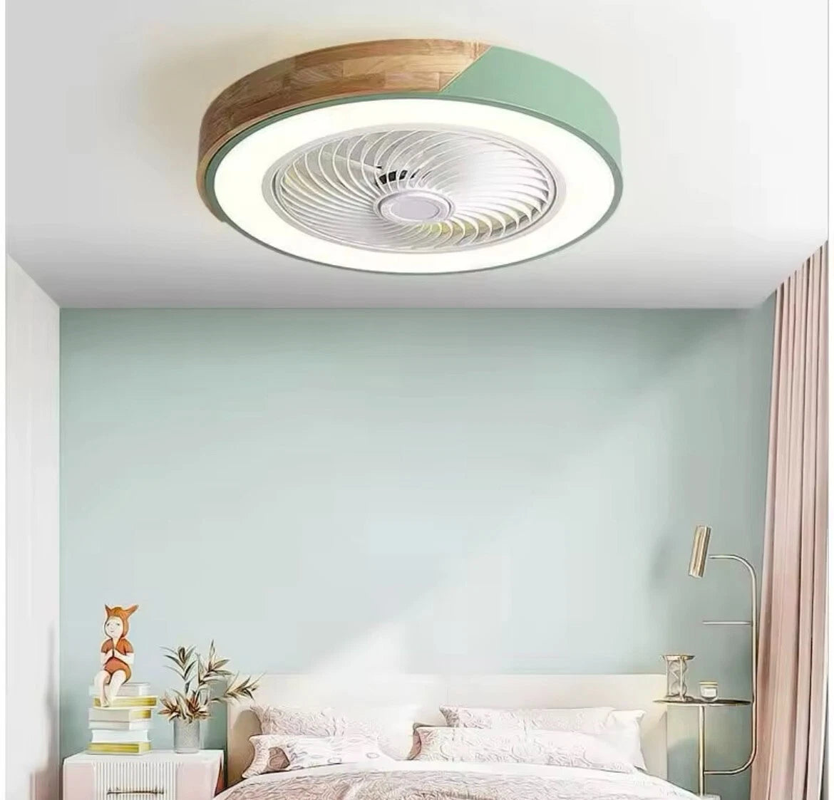 Modern Flush LED Ceiling Fan Light With App Remote - Wood And Green/ Black And Wood/ White And Wood/ Pink And Wood/ Green And Wood
