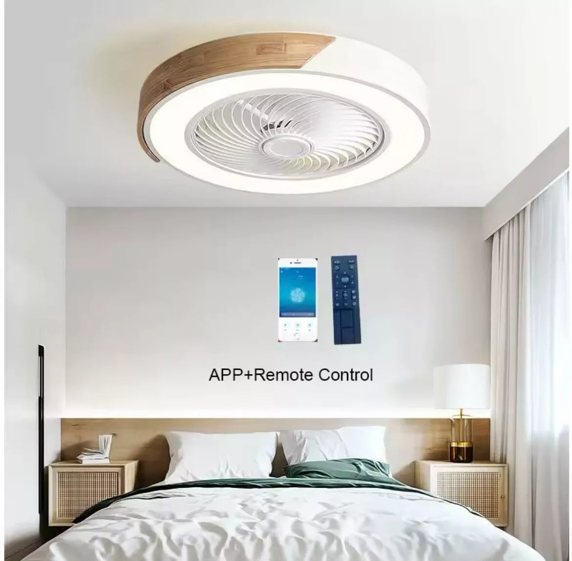 Modern Flush LED Ceiling Fan Light With App Remote - Wood And Green/ Black And Wood/ White And Wood/ Pink And Wood/ Green And Wood