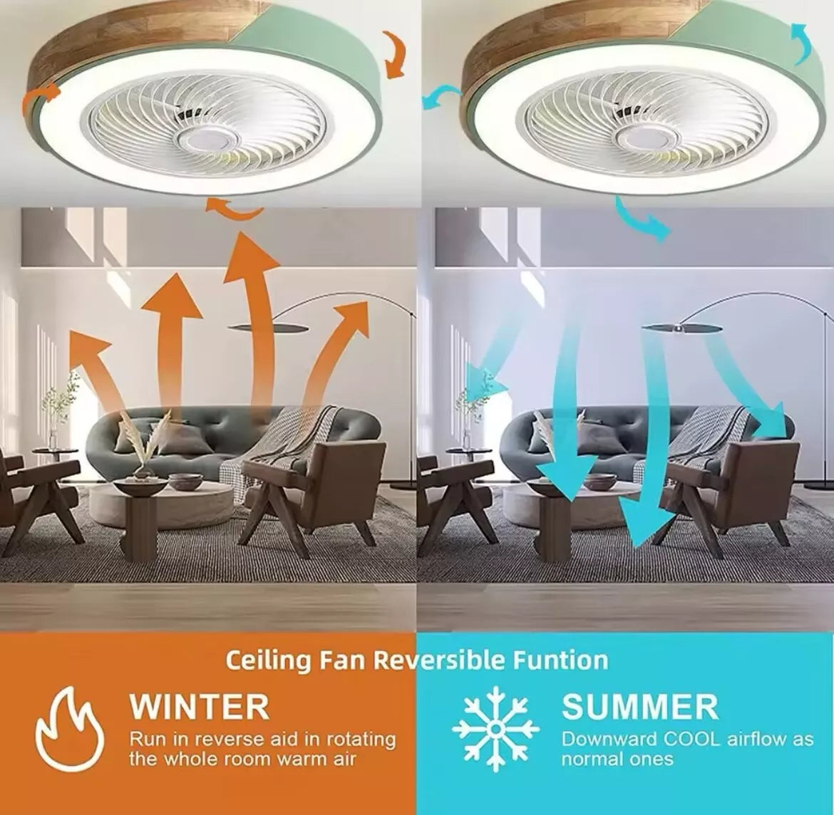 Modern Flush LED Ceiling Fan Light With App Remote - Wood And Green/ Black And Wood/ White And Wood/ Pink And Wood/ Green And Wood