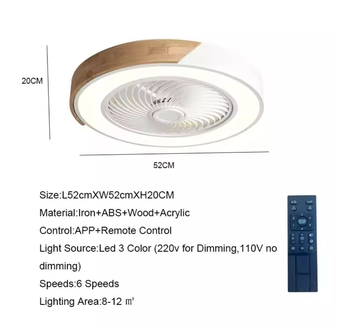 Modern Flush LED Ceiling Fan Light With App Remote - Wood And Green/ Black And Wood/ White And Wood/ Pink And Wood/ Green And Wood