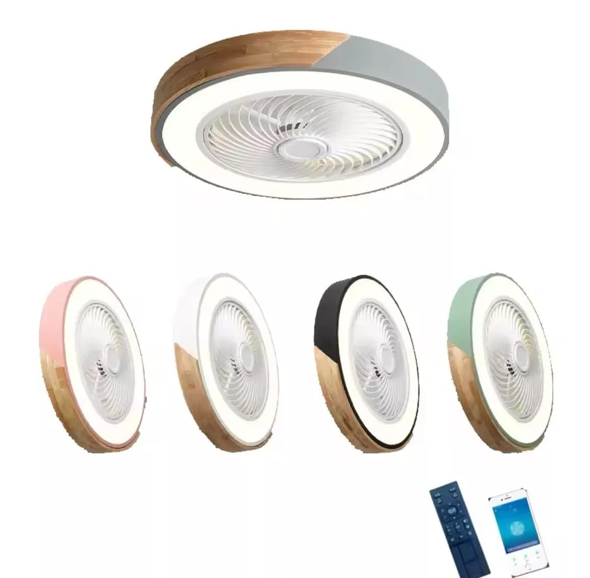 Modern Flush LED Ceiling Fan Light With App Remote - Wood And Green/ Black And Wood/ White And Wood/ Pink And Wood/ Green And Wood