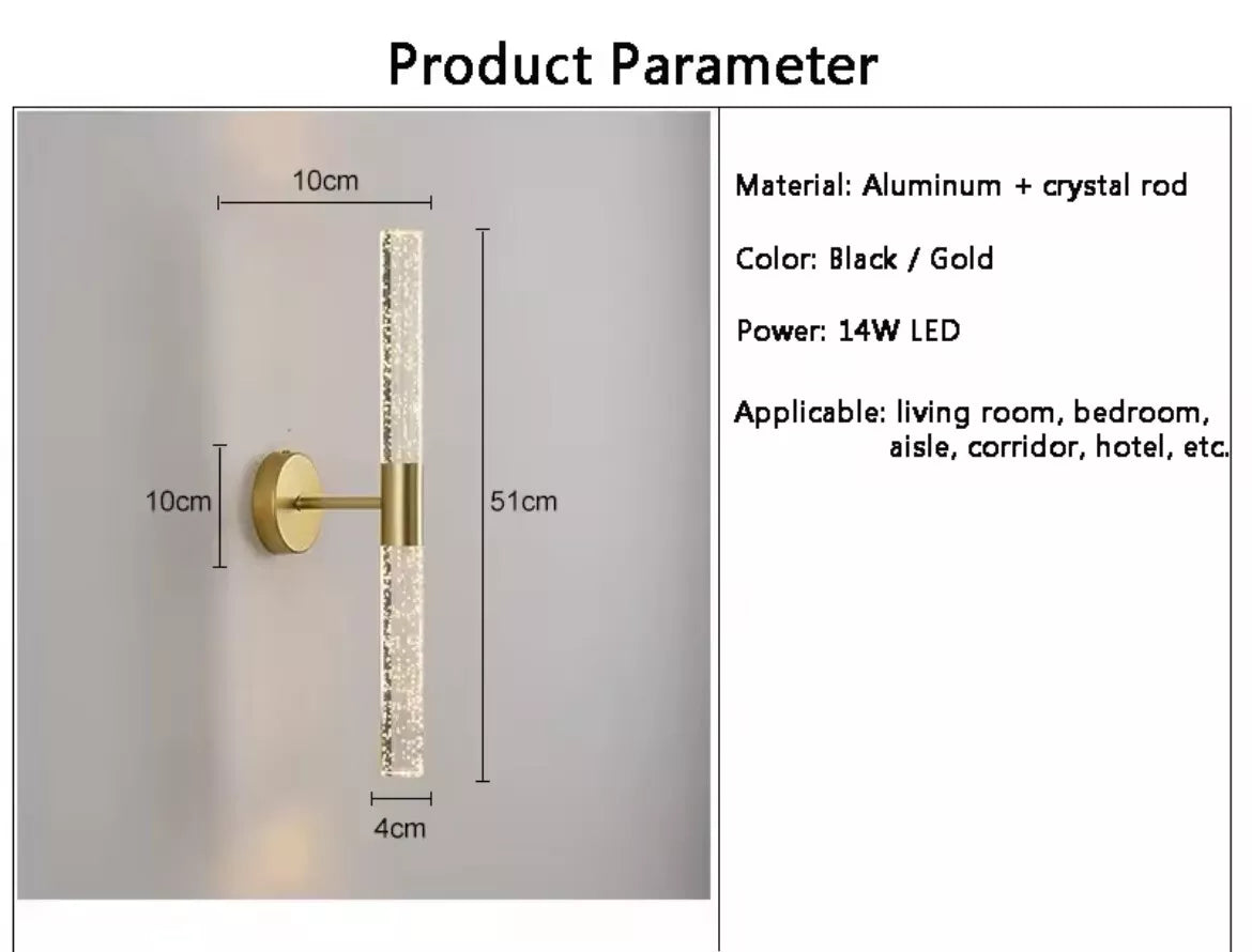 Modern Nordic Long Led Wall Light With Crystal Rod And Bubbles - Black Or Gold