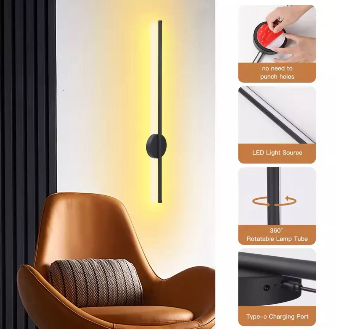 Wireless Rechargeable LED Slim Linear Wall Light With Remote Control 50cm - Black/Gold/White/Silver