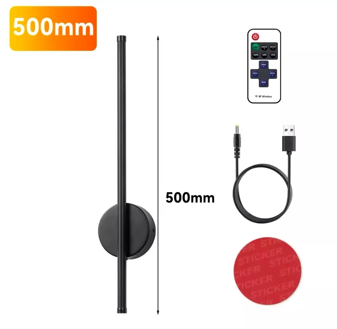 Wireless Rechargeable LED Slim Linear Wall Light With Remote Control 50cm - Black/Gold/White/Silver