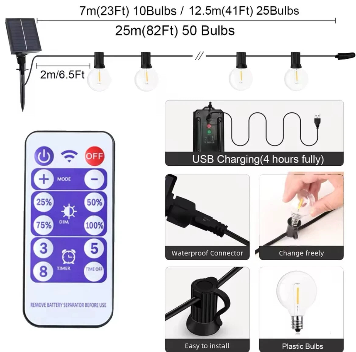 Outdoor Solar LED String Festoon Lights Complete With Remote Control - 10Bulb/20Bulb/25Bulb/35Bulb