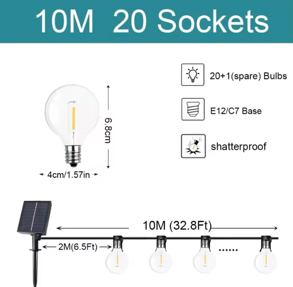 Outdoor Solar LED String Festoon Lights Complete With Remote Control - 10Bulb/20Bulb/25Bulb/35Bulb