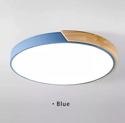 Simple Round Modern Flush Led Slim Ceiling Light With Wood Effect Detailing - Black/White/Yellow/Pink/Blue/Green