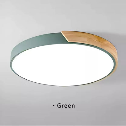 Simple Round Modern Flush Led Slim Ceiling Light With Wood Effect Detailing - Black/White/Yellow/Pink/Blue/Green
