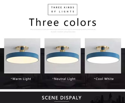 Nordic Semi Flush Round LED Ceiling Light Colourful Black - Choose Black Blue Yellow Pink White Grey