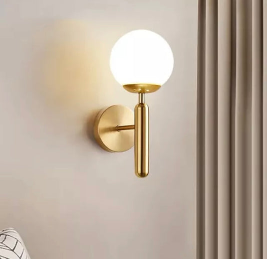 Decorative Simplistic Gold Wall Light With Opal Globe Shade With Warm White LED Bulb