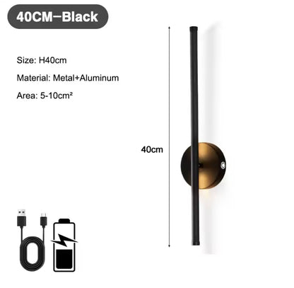 Wireless LED Wall Light Sconce USB Rechargeable Touch On/Off Black Modern Slim Stick Lamp - 40cm / 55cm