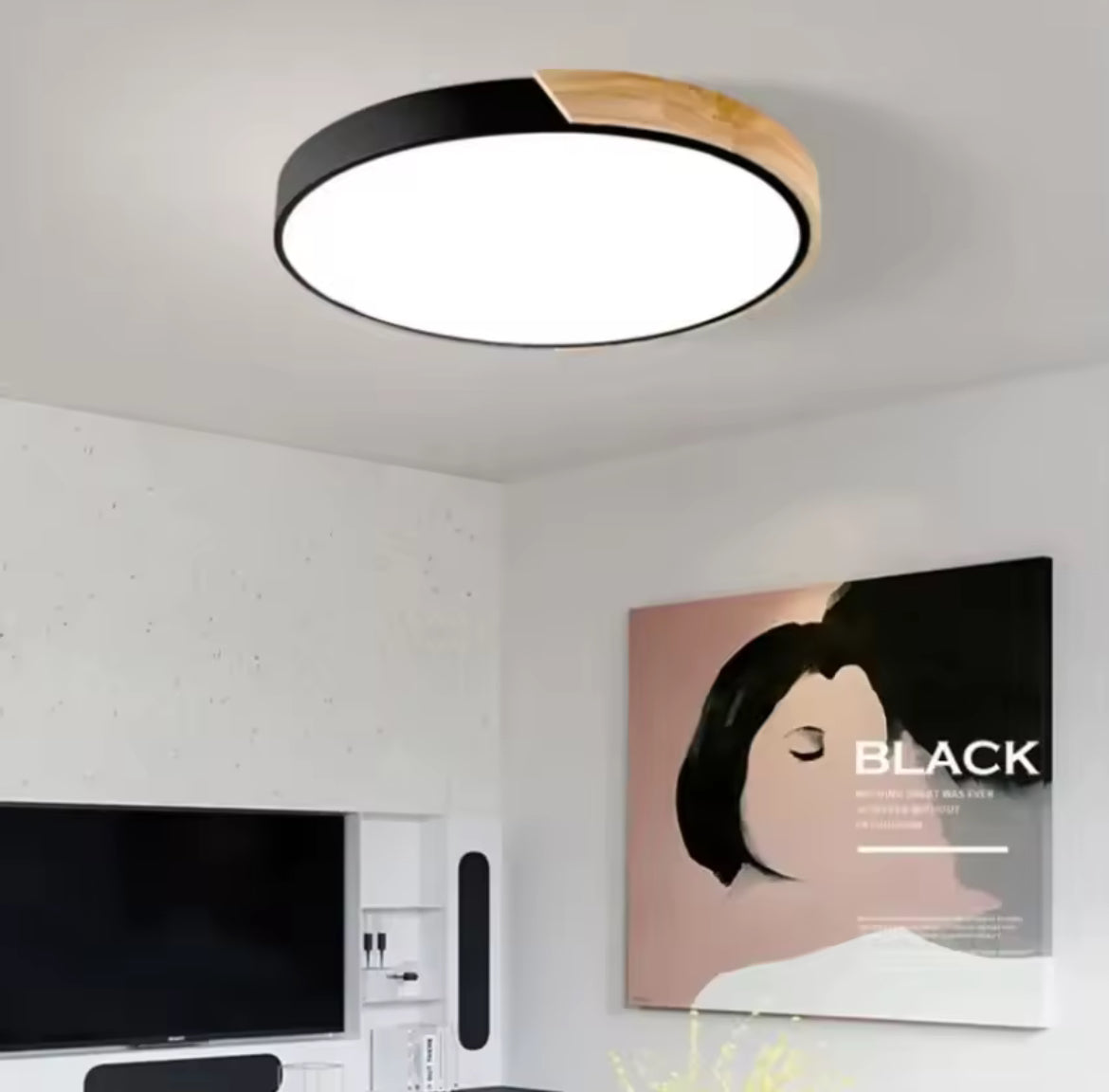 Simple Round Modern Flush Led Slim Ceiling Light With Wood Effect Detailing - Black/White/Yellow/Pink/Blue/Green