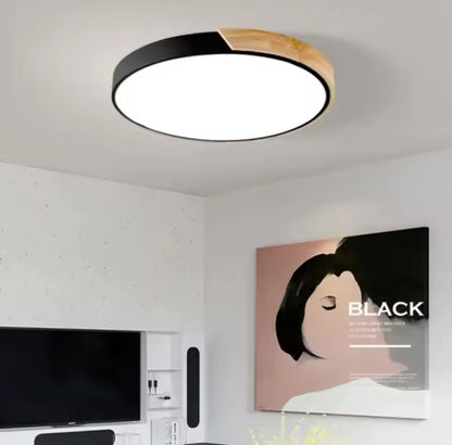 Simple Round Modern Flush Led Slim Ceiling Light With Wood Effect Detailing - Black/White/Yellow/Pink/Blue/Green