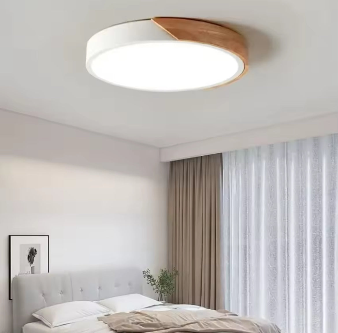 Simple Round Modern Flush Led Slim Ceiling Light With Wood Effect Detailing - Black/White/Yellow/Pink/Blue/Green
