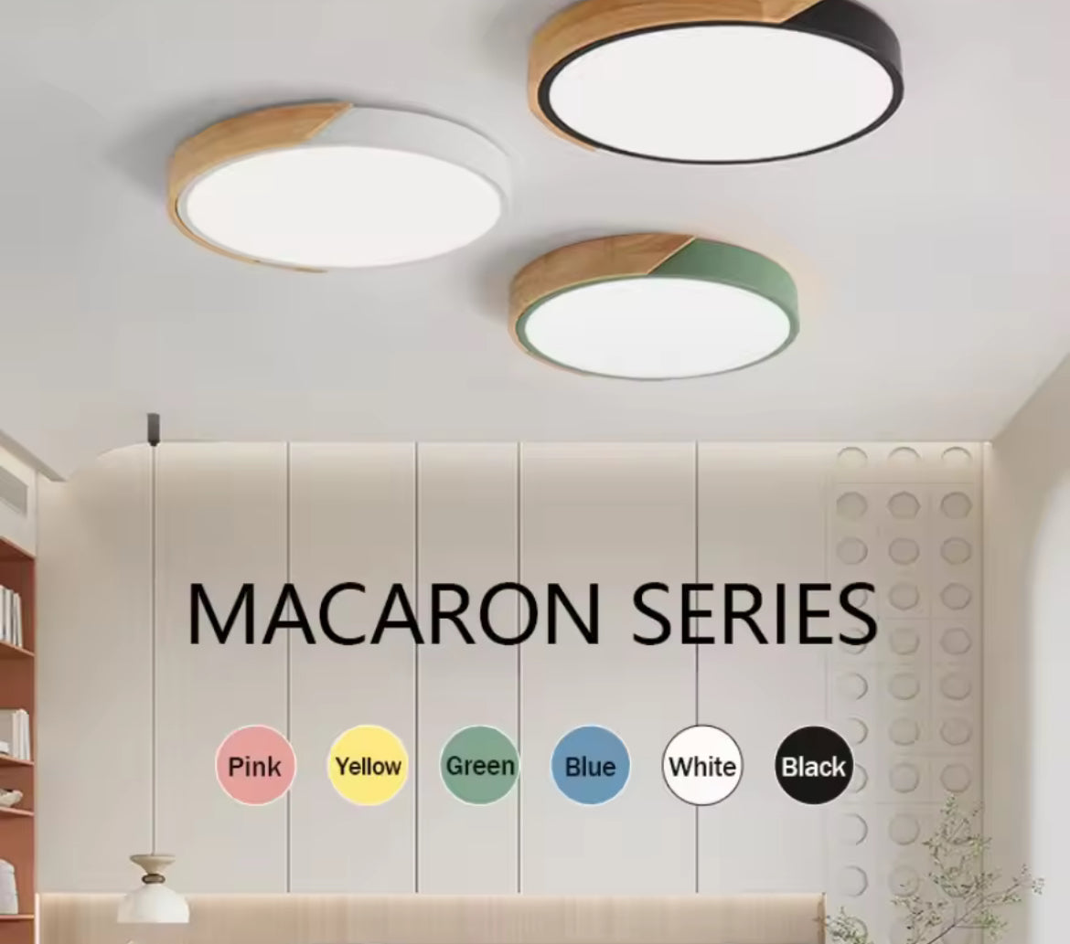 Simple Round Modern Flush Led Slim Ceiling Light With Wood Effect Detailing - Black/White/Yellow/Pink/Blue/Green