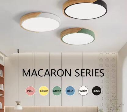 Simple Round Modern Flush Led Slim Ceiling Light With Wood Effect Detailing - Black/White/Yellow/Pink/Blue/Green