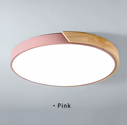 Simple Round Modern Flush Led Slim Ceiling Light With Wood Effect Detailing - Black/White/Yellow/Pink/Blue/Green