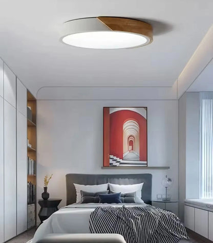 Simple Slim Round Modern Flush Led Ceiling Light With Wood Effect Trim - Pink/Yellow\Green\White\Black